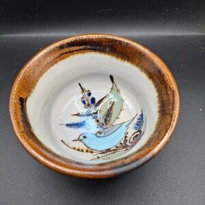Ken Edwards Signed Handcrafted Pottery Bowl W/ Blue Bird & Feather Design